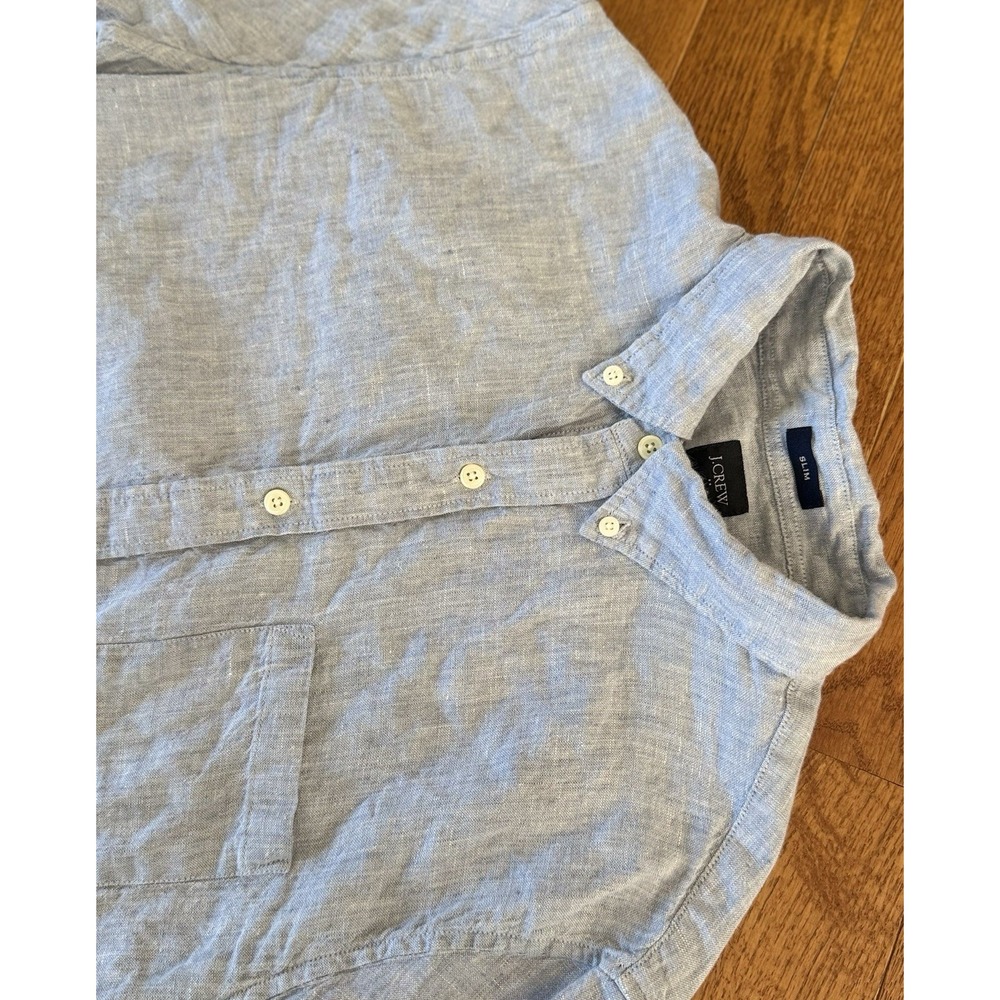 J Crew Shirt Mens Large Slim Blue Linen Blend Chambray Nautical SS Button Down